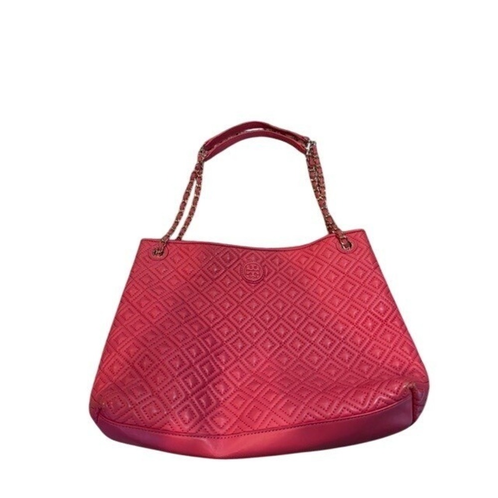 Tory Burch Marion Quilted Slouchy Chain Tote Bag Peony Leather-Read Description